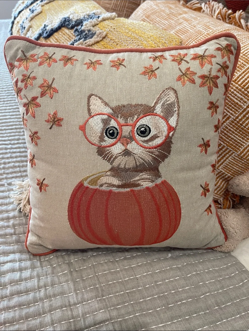 Pier 1 Embroidered Kitty Pumpkin Accent Pillow